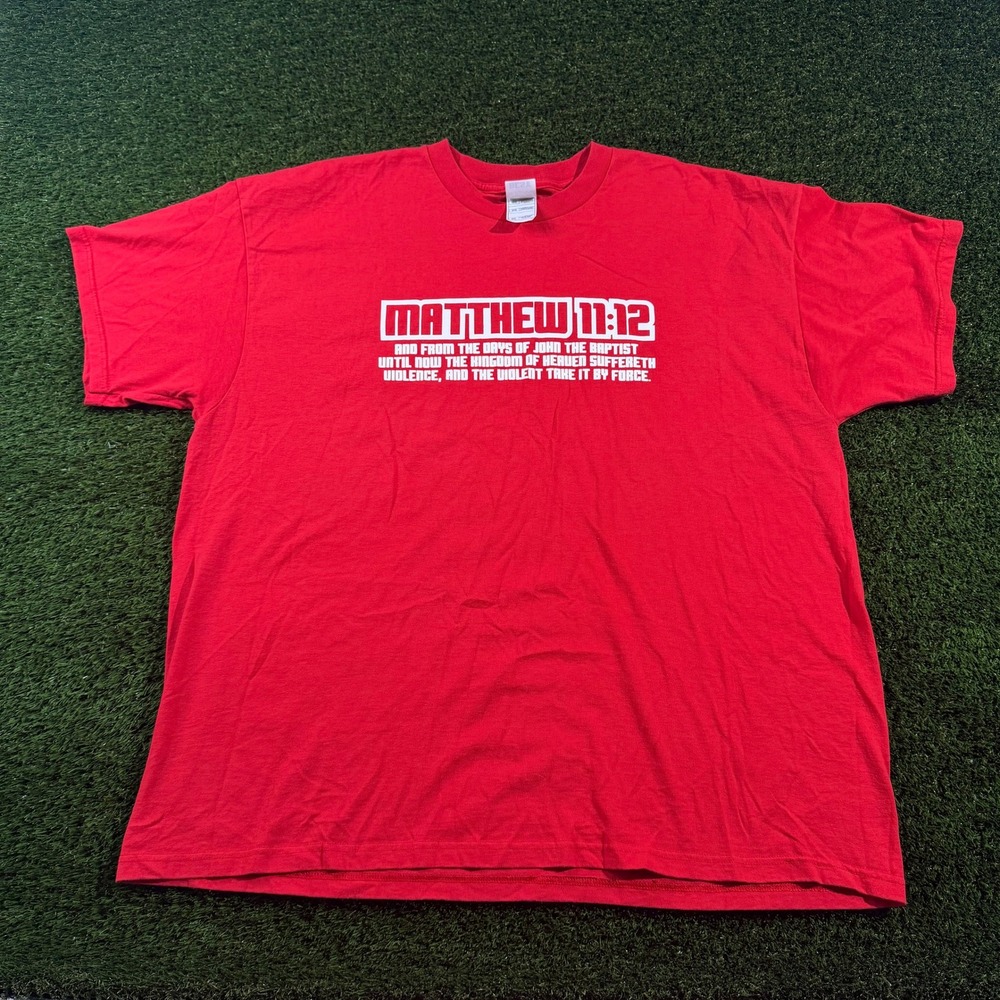 Vintage Fruit of the Loom Matthew 11:12 Bible Verse Red Graphic T-Shirt 2XL Mens